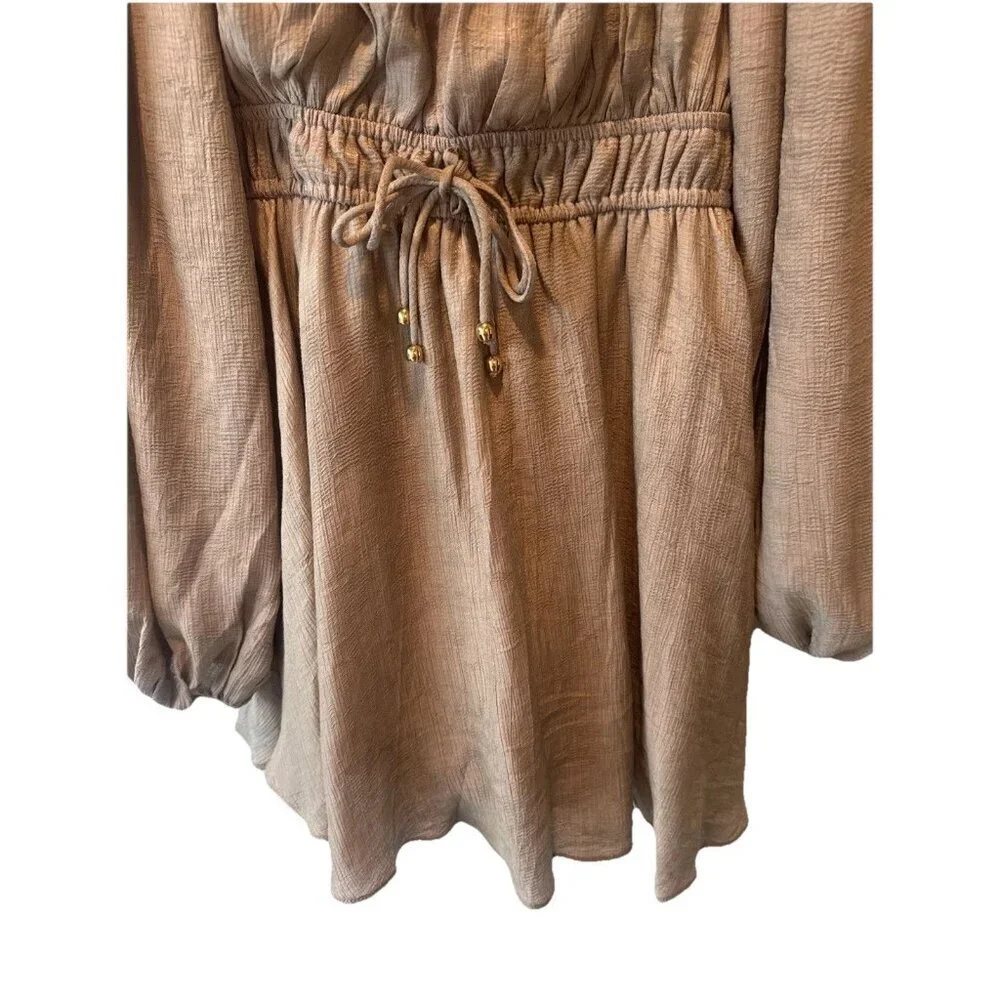 Mable Womens Beige Off Shoulder Puff Sleeve Romper Dress Sz M Boho Beach Peasant